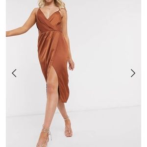 ASOS Little Mistress satin wrap dress in rust